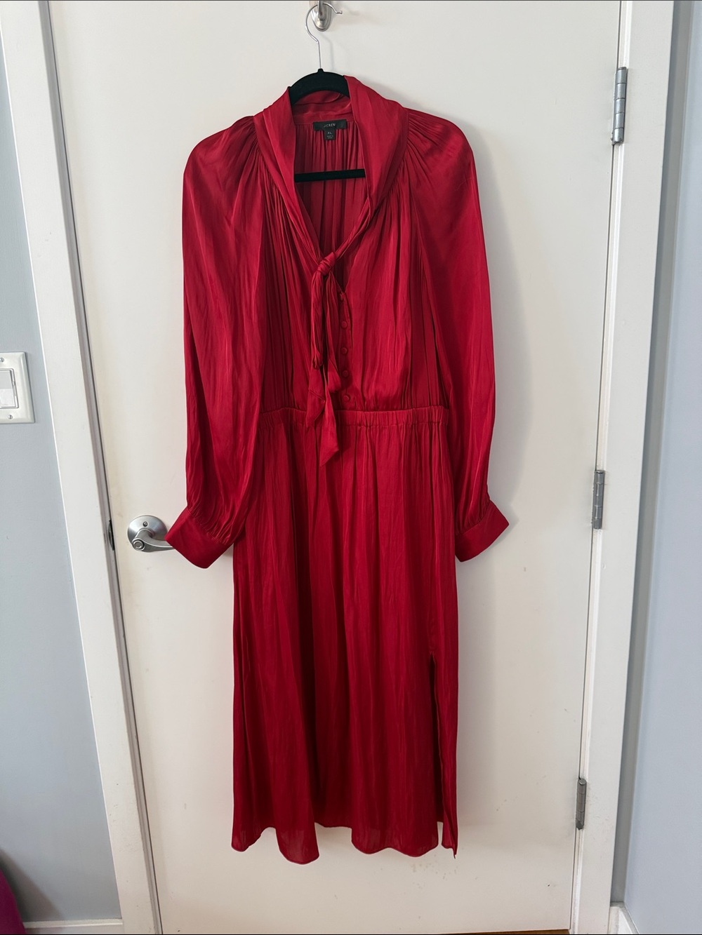 J. Crew Red Tie-Neck Long Sleeve Midi Dress